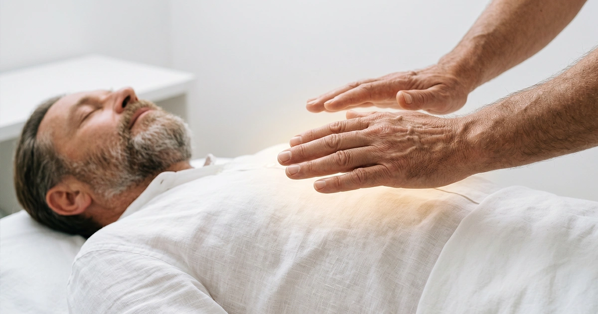 Thérapeute en REIKI pratiquant le magnétisme sur un homme allongé et détendu dans un cabinet