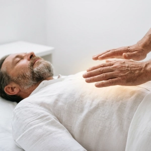 Homme détendu adulte allongé sur une table lors d'une séance de formation de Reiki