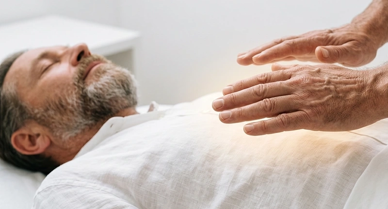 Homme détendu adulte allongé sur une table lors d'une séance de formation de Reiki