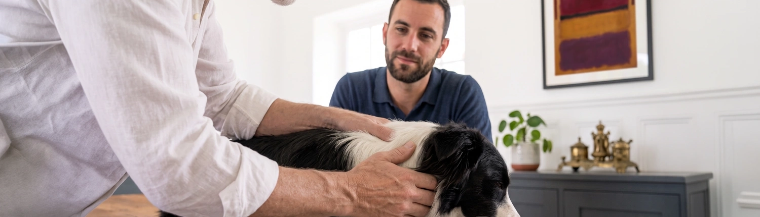 Un magnétiseur est en train de faire une séance de magnétisme pour un chien à domicile