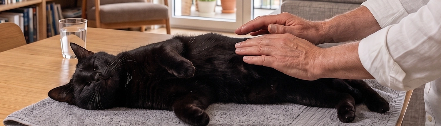 Un chat allongé pendant une séance de magnétisme allongé pendant que le magnétiseur agit sur ses hanches et son train arrière