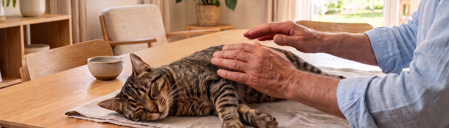 Un chat allongé et détendu pendant une séance de magnétisme animalier pour les animaux de compagnie