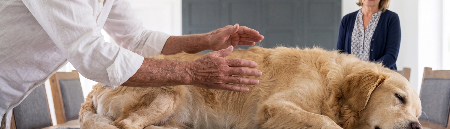 chien allongé reposé en train d'être magnétisé par un professionnel du magnétisme animalier, le chien est apaisé et détendu
