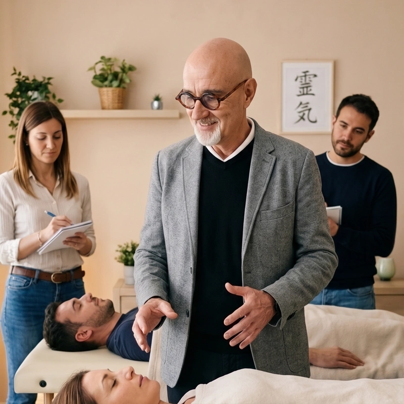 Maître enseignant de Reiki en train de donner un cours atelier de reiki à un groupe d'élèves