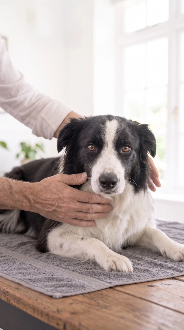 Chien adulte pendant une séance de magnétisme par un magnétiseur animalier professionnel