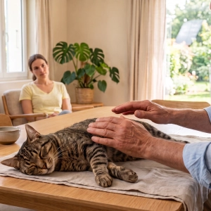 Magnétiseur pour animaux de compagnie en train de faire une séance de magnétisme à un chat