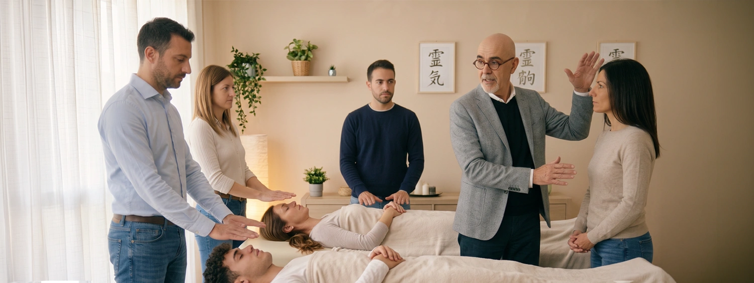 Maitre-enseignant de Reiki en train de faire un atelier de présentation du Reiki à un groupe de personne