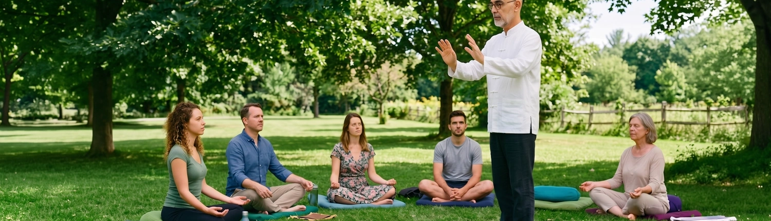 Groupe de personne écoutant un enseignant de Reiki USUI en extérieur