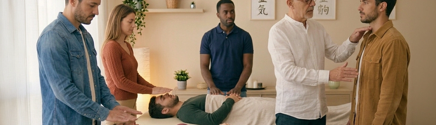 Groupe de personne pratiquant et apprenant le magnétisme, le Reiki pendant un atelier organisé par un maitre enseignant Reiki