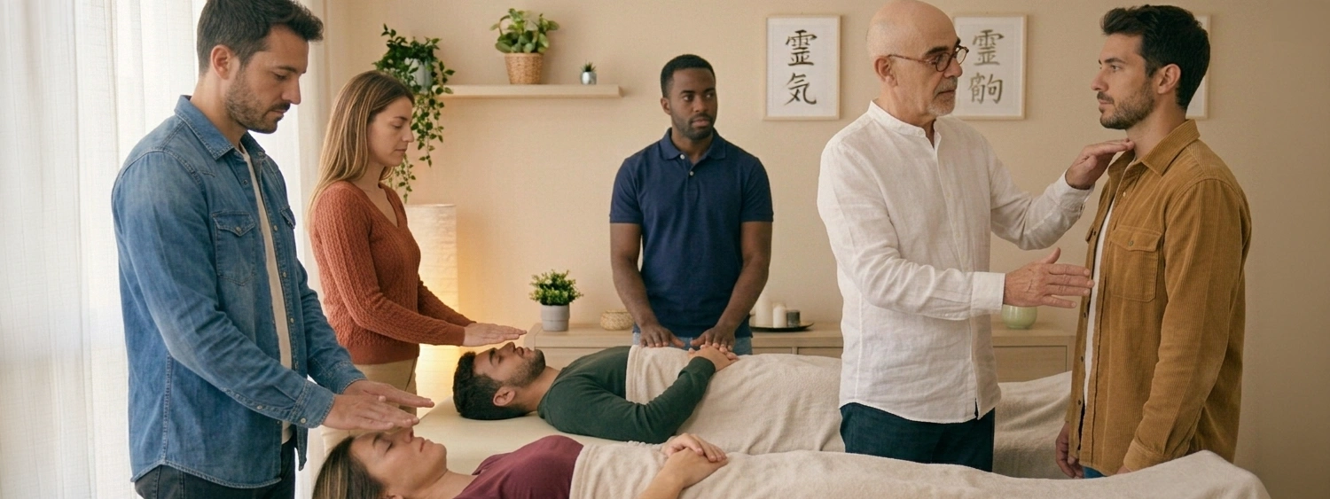 Groupe de personne pratiquant et apprenant le magnétisme, le Reiki pendant un atelier organisé par un maitre enseignant Reiki
